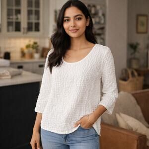 Linnea White Linen Blend Waffle Textured Top Sz Small USA Made